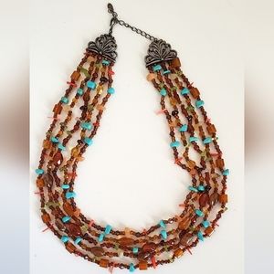 Vintage Signed Monet Multi-strand brown and torquiose beaded boho necklace